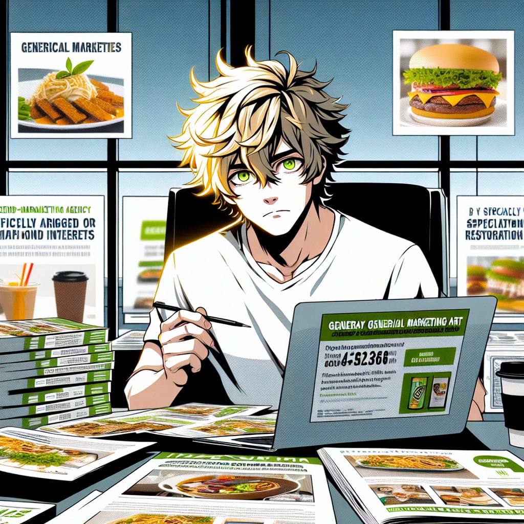 imagine in anime seraph of the end like look showing an anime boy with messy blond hair and green eyes working in gen z marketingagentur fuer restaurants
